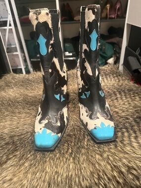 Cowhide Western Ankle Boots with Turquoise Accents
